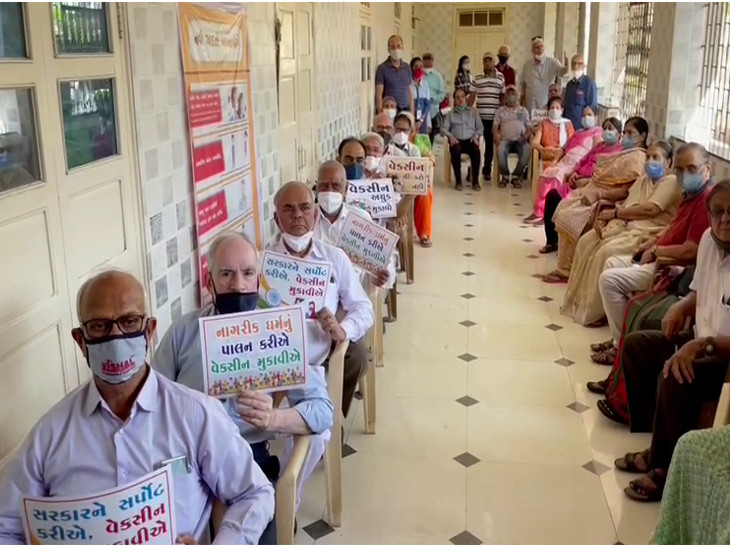રાજકોટમાં ચિત્રનગરી દ્વારા 100થી વધુ સિનિયર સિટીઝનોએ હાથમાં પોસ્ટર લઇ વેક્સિન લીધી, વેક્સિનેશન અંગેની જાગૃતિ ફેલાવવા પોસ્ટર તૈયાર કરવામાં આવ્યા|રાજકોટ,Rajkot - Divya Bhaskar