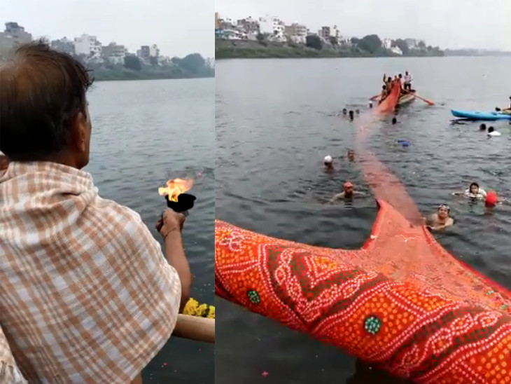 Celebrating Tapi river birthday in Surat, a 600 meter long pinch was erected | સુરતમાં કોઝવે પર દૂધ અભિષેક કરીને તાપી મૈયાને 600 મીટર લાંબી ચુંદડી ચડાવવામાં આવી - Vimarsana News