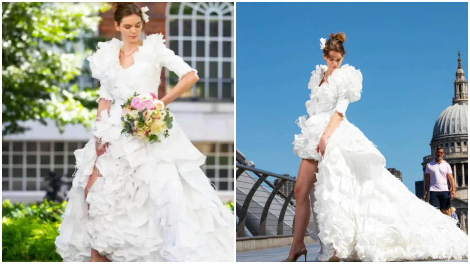 British designer creates beautiful wedding dress from 1500 masks, adopts this idea to draw people's attention towards PPE kit's vest | બ્રિટિશ ડિઝાઈનરે 1500 માસ્કમાંથી સુંદર વેડિંગ ડ્રેસ બનાવ્યો, PPE કિટના વેસ્ટની તરફ લોકોનું ધ્યાન આકર્ષિત કરવા માટે અપનાવ્યો આ આઈડિયા - Vimarsana News