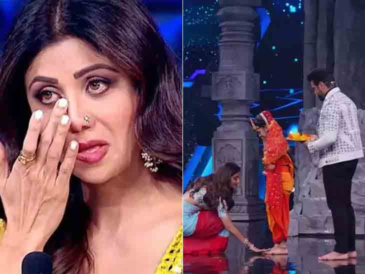 During the shooting, Shilpa Shetty cried emotionally, she Performs Kanjak Pooja | શૂટિંગ દરમિયાન શિલ્પા શેટ્ટી ભાવુક થઈને રડી પડી, સેટ પર સ્પર્ધકની આરતી ઉતારીને પગે લાગી - Vimarsana News