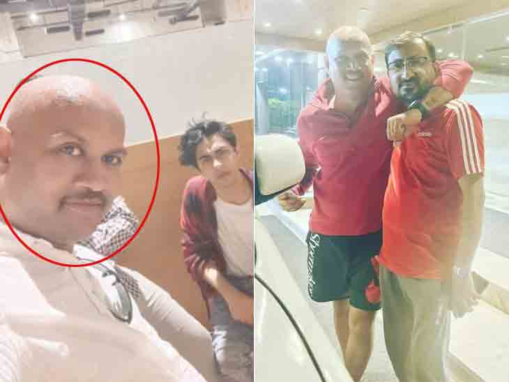 KP Gosavi taking selfie with Aryan Khan at NCB office, KP Gosavi-Manish Bhanushali (file photo) - Divya Bhaskar