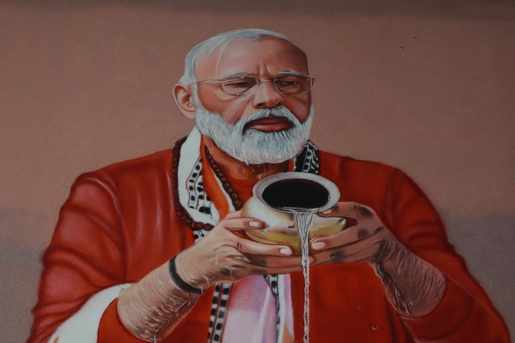 કમલમમાં મોદીની અર્ધ્ય આપતી રંગોળી બનાવવામાં આવી