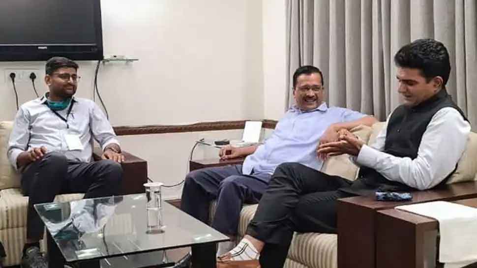 From left, Gopal Italia, Arvind Kejriwal and Isudan Gadhvi