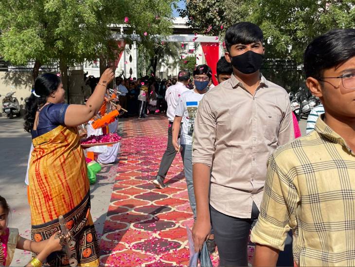 Students were greeted with flowers in Rajkot.