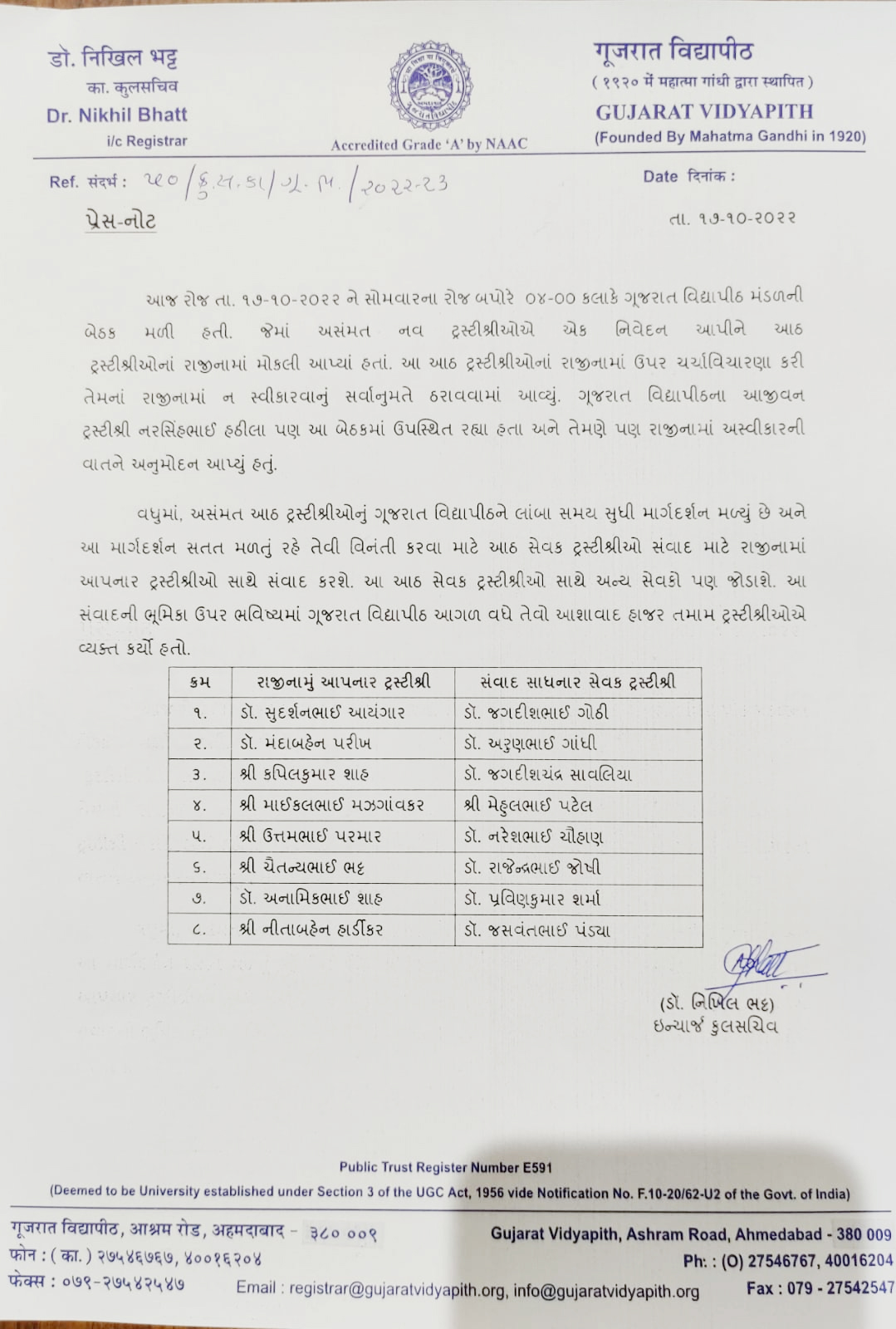 8 Trustees Of Vidyapith Resigned: કુલપતિની નિમણૂકથી નારાજગીના કારણે ગુજરાત વિદ્યાપીઠના ટ્રસ્ટીઓ પૈકી 8 ટ્રસ્ટીઓએ આપ્યા રાજીનામાં 2 11 1666016274