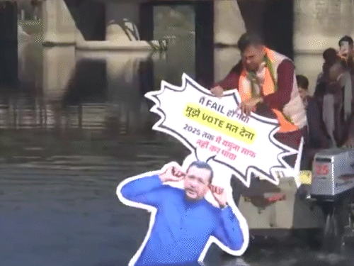 Parvesh Verma immersed Kejriwal's cutout in Yamuna, wrote on it - I could not clean Yamuna, sorry