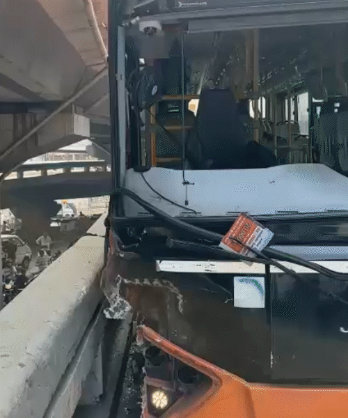 Surat BRTS bus crashes into flyover railing Passengers panic as bus ...