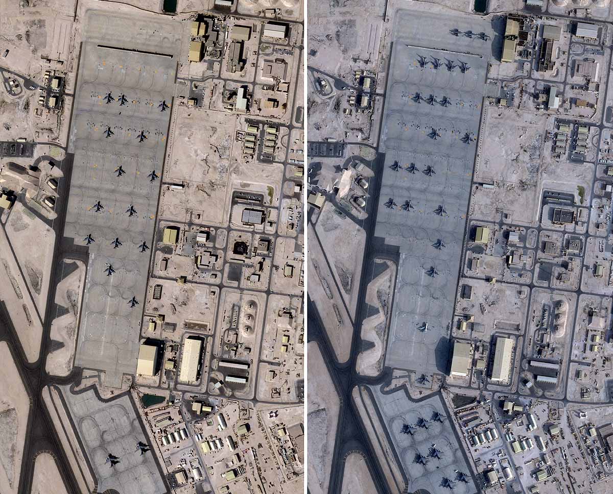 ડાબી બાજુની તસવીર 17 જાન્યુઆરી 2026ની છે અને બાજુની તસવીર 1 ફેબ્રુઆરી 2026ની છે. આ બંને તસવીર કતારના દોહામાં આવેલા અલ ઉદેદ એરબેઝની છે. બંને તસવીરોના ફરકમાં જોઈ શકાય છે કે અમેરિકા પ્લેનનો કાફલો વધારી રહ્યું છે.