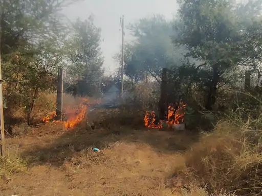 रामगढ़ शेखावाटी में 3 खेतों तक फैली आग:दमकल ने एक घंटे की मशक्कत के बाद पाया काबू, बड़ा हादसा होते-होते टला