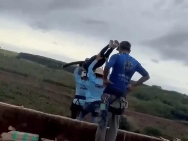 कैमरे के लेंस से Young woman thrown down without a rope attached during bungee jumping.
